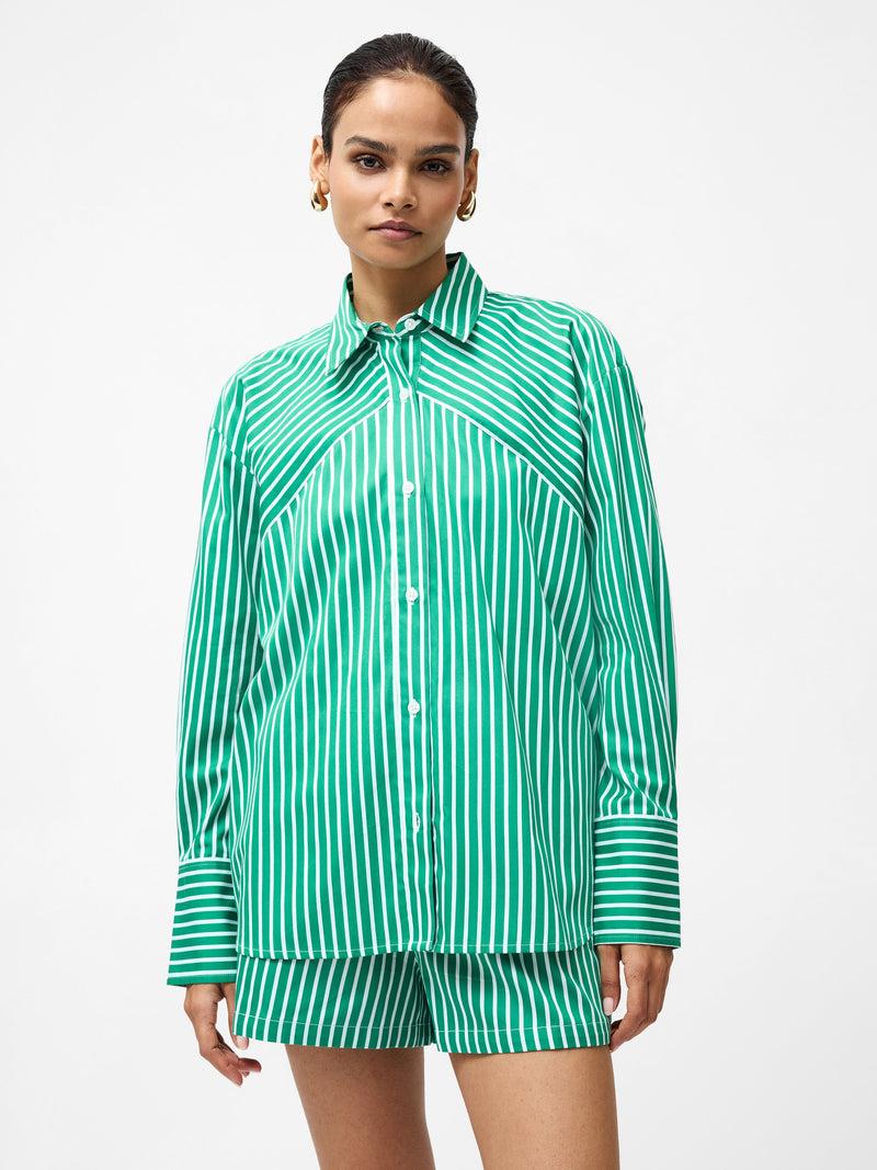French Connection Alexis Cotton Angled Yoke Striped Shirt Green/Summer White
