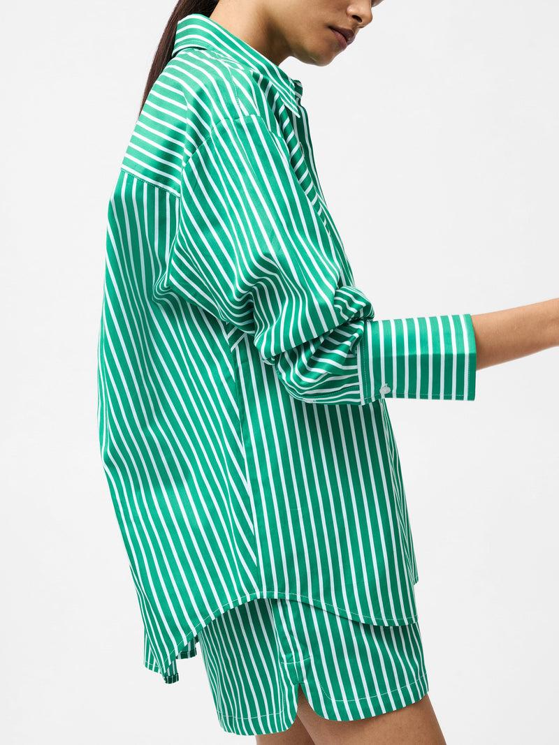 French Connection Alexis Cotton Angled Yoke Striped Shirt Green/Summer White
