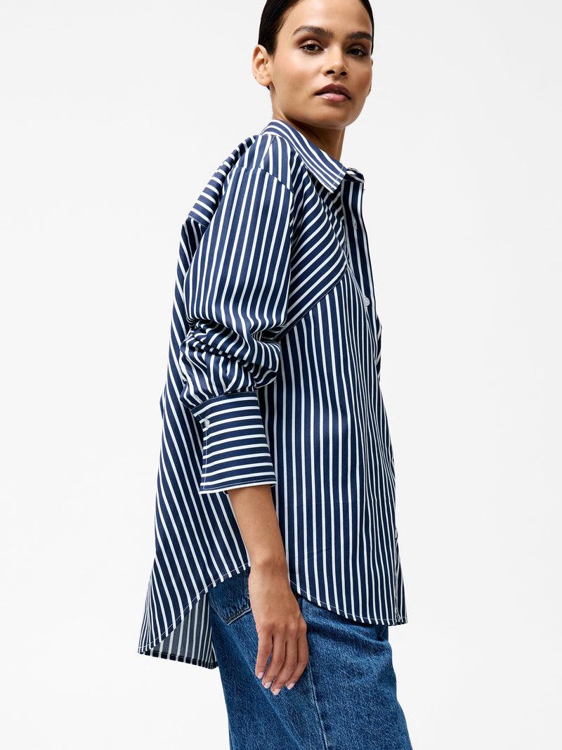 French Connection Alexis Cotton Angled Yoke Striped Shirt Marine/Summer White