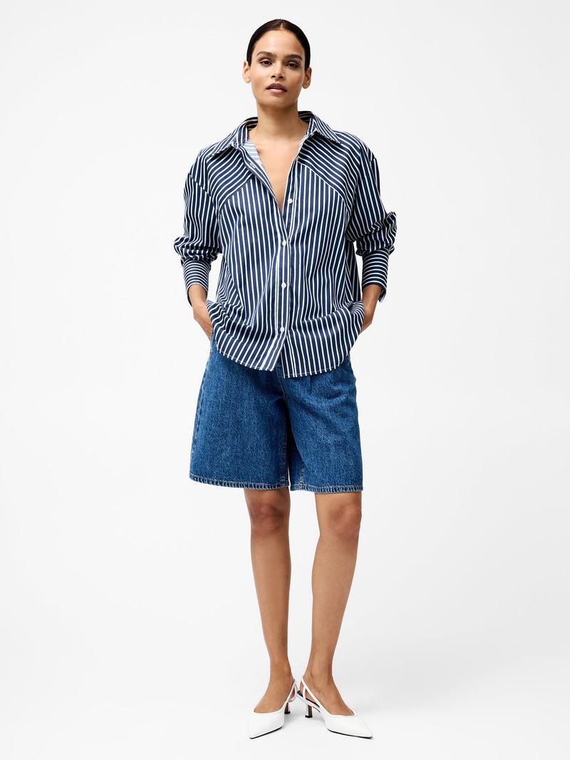 French Connection Alexis Cotton Angled Yoke Striped Shirt Marine/Summer White