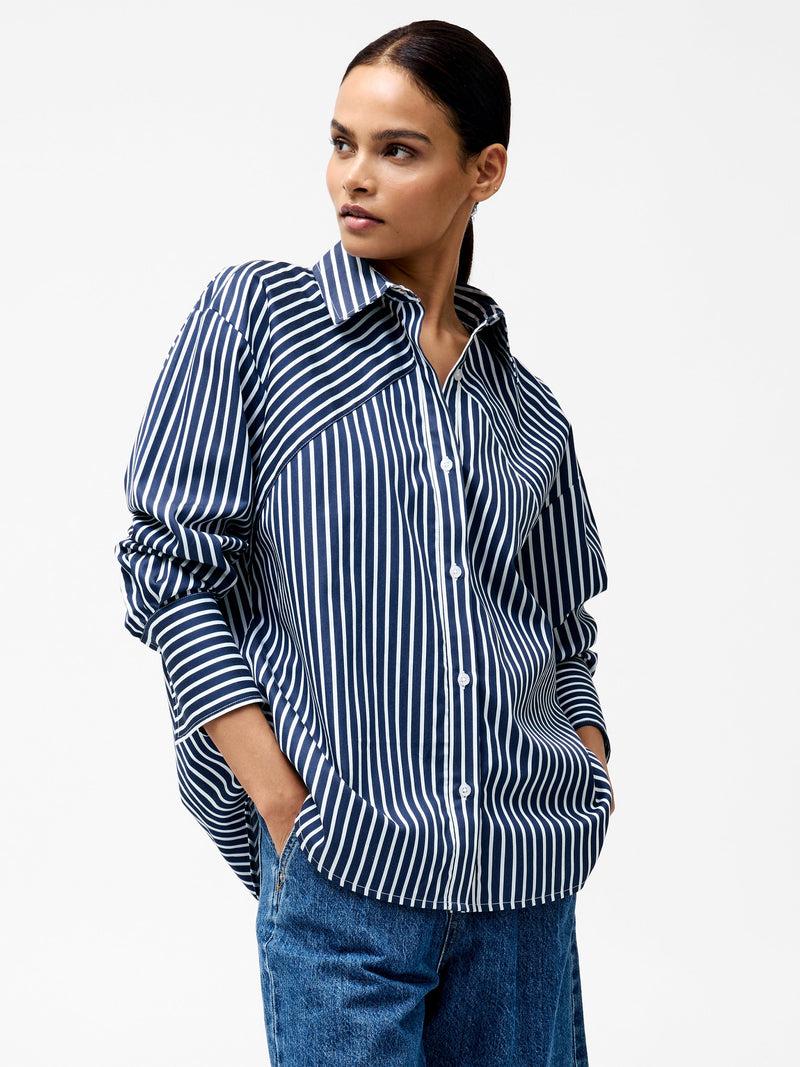 french connection Alexis Cotton Angled Yoke Striped Shirt Marine/Summer White