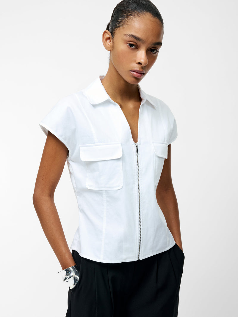 french connection Alexis Cotton Front Zip Top Linen White