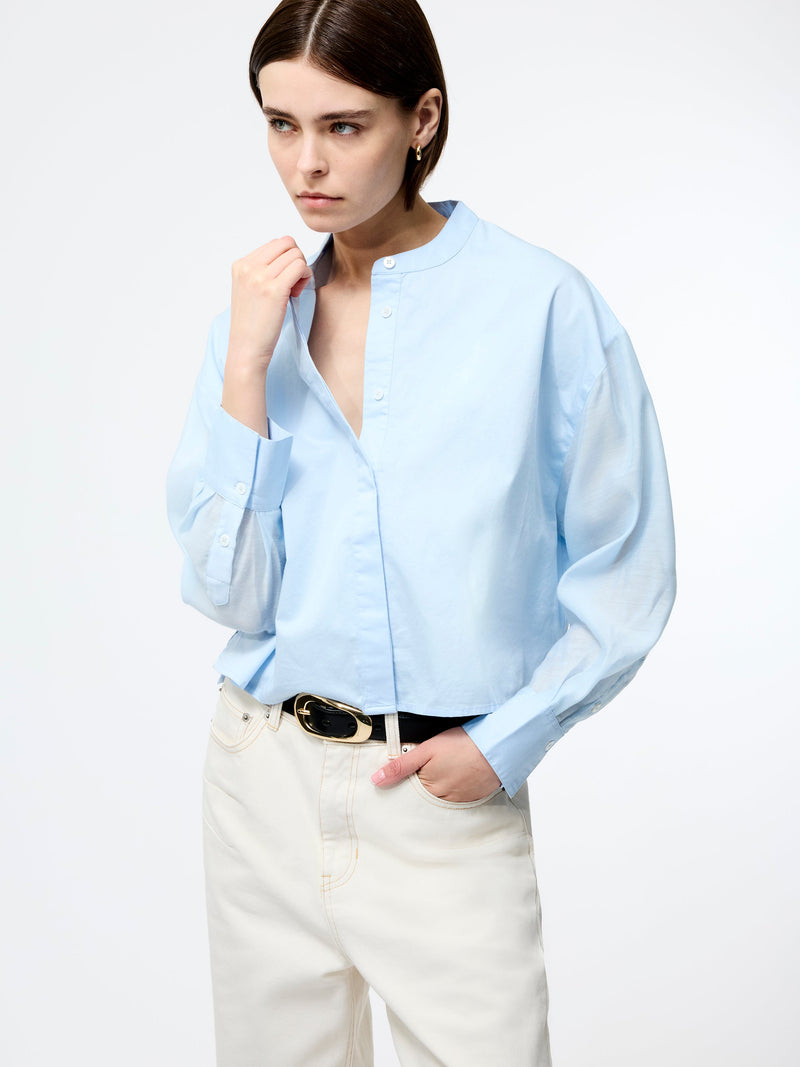 French Connection Alexis Cotton Sheer Sleeve Shirt Sky Blue
