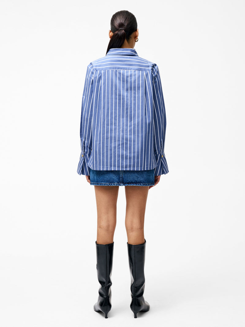 French Connection Alexis Cotton Stripe Long Flared Sleeve Shirt Navy/White