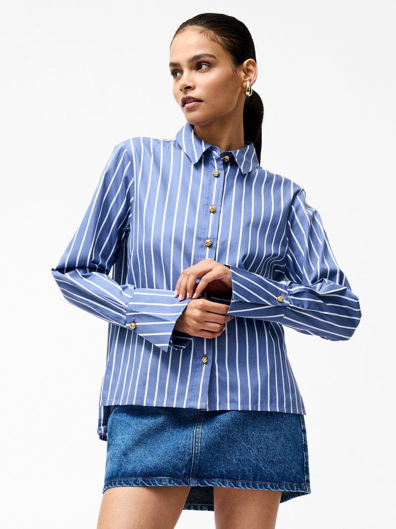 french connection Alexis Cotton Stripe Long Flared Sleeve Shirt Navy/White