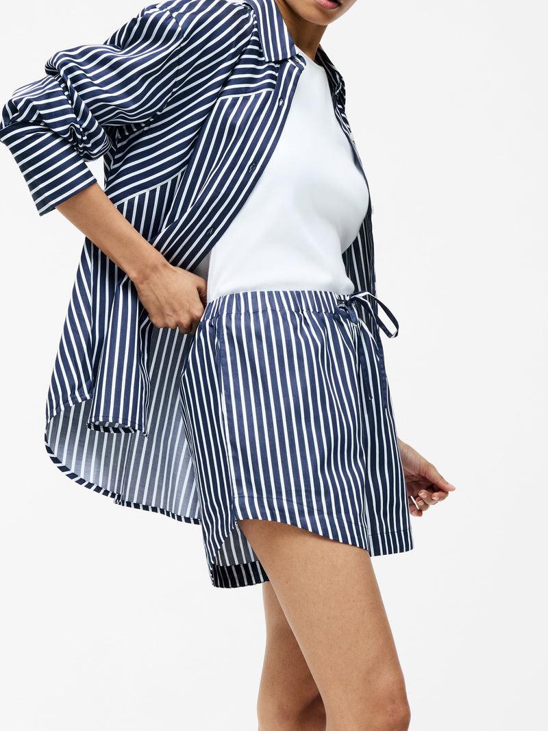 French Connection Alexis Cotton Striped Drawstring Shorts Marine/Summer White