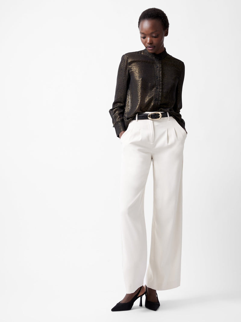 French Connection Alina Foil Georgette Frill Long Sleeve Top Black/Bronze