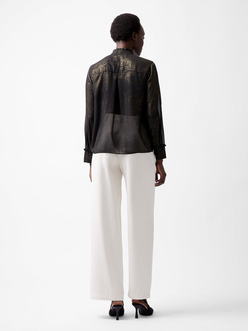 French Connection Alina Foil Georgette Frill Long Sleeve Top Black/Bronze