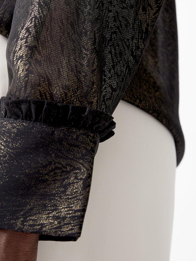 French Connection Alina Foil Georgette Frill Long Sleeve Top Black/Bronze