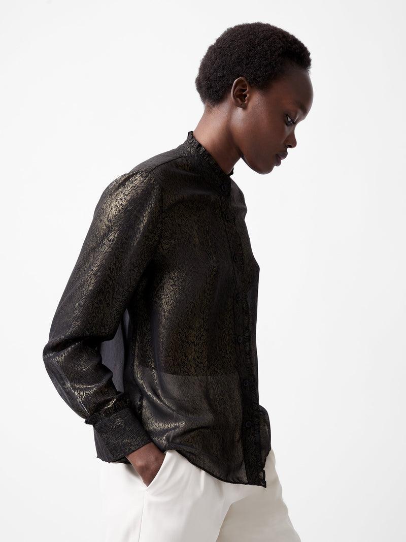 French Connection Alina Foil Georgette Frill Long Sleeve Top Black/Bronze