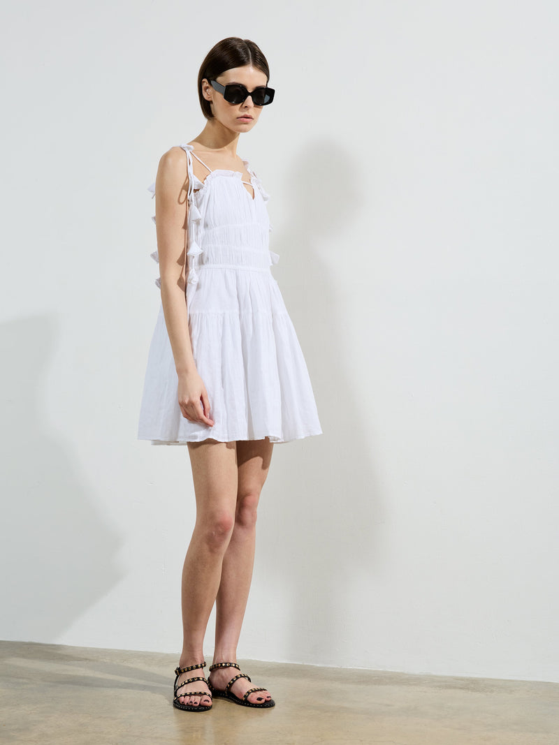 French Connection Amra Cotton Gathered Mini Dress Linen White