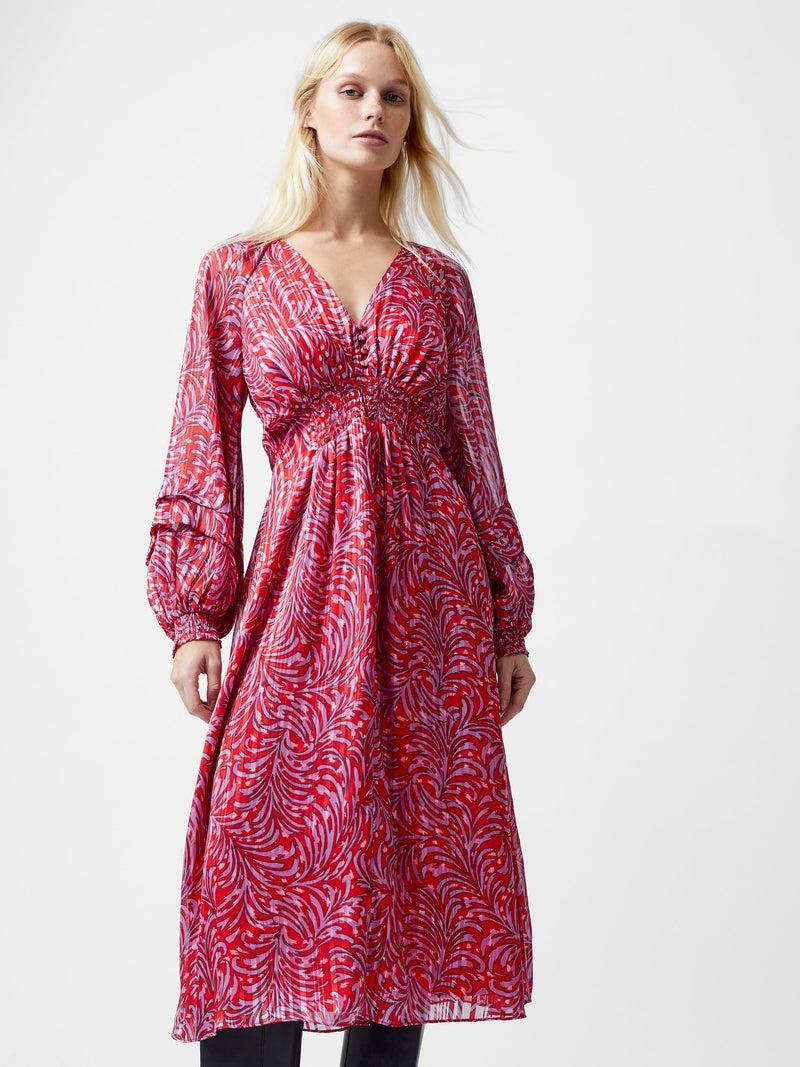 French Connection Amy Callista Printed Long Sleeve Midi Dress Scarlet Red Multi