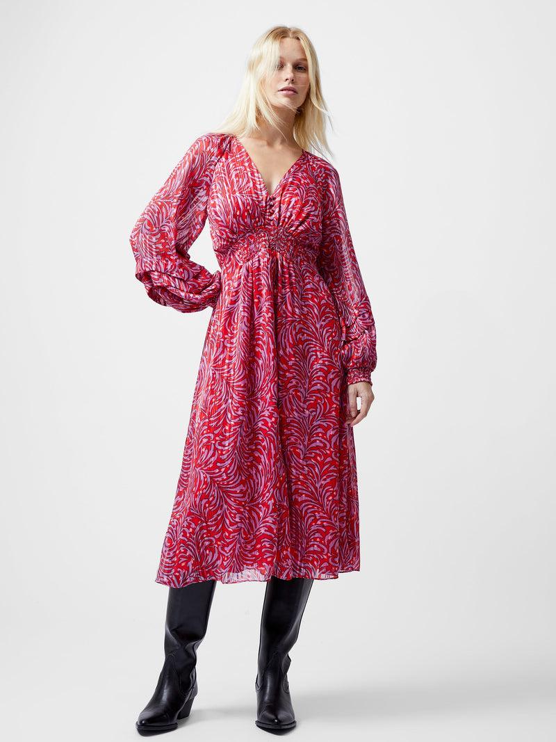 French Connection Amy Callista Printed Long Sleeve Midi Dress Scarlet Red Multi