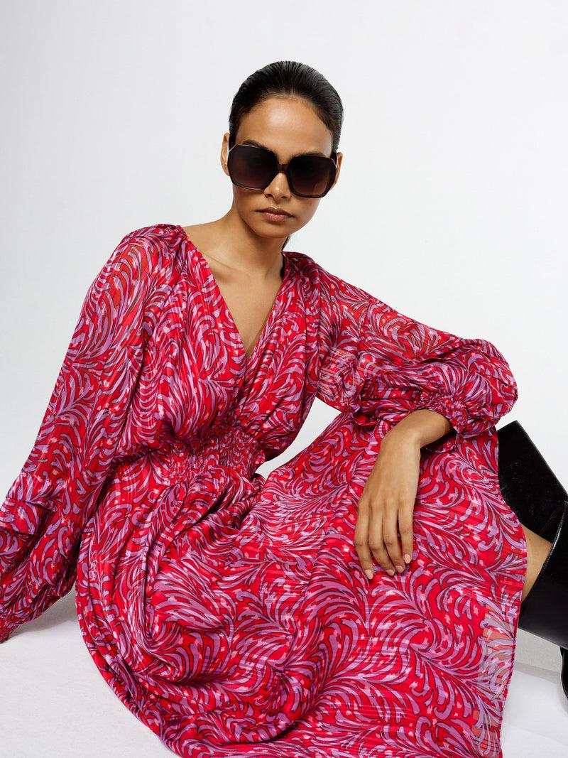 french connection Amy Callista Printed Long Sleeve Midi Dress Scarlet Red Multi