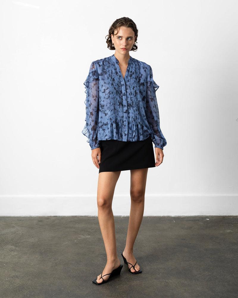 French Connection Anita Hallie Crinkle Pintuck Blouse Blue Multi Slate