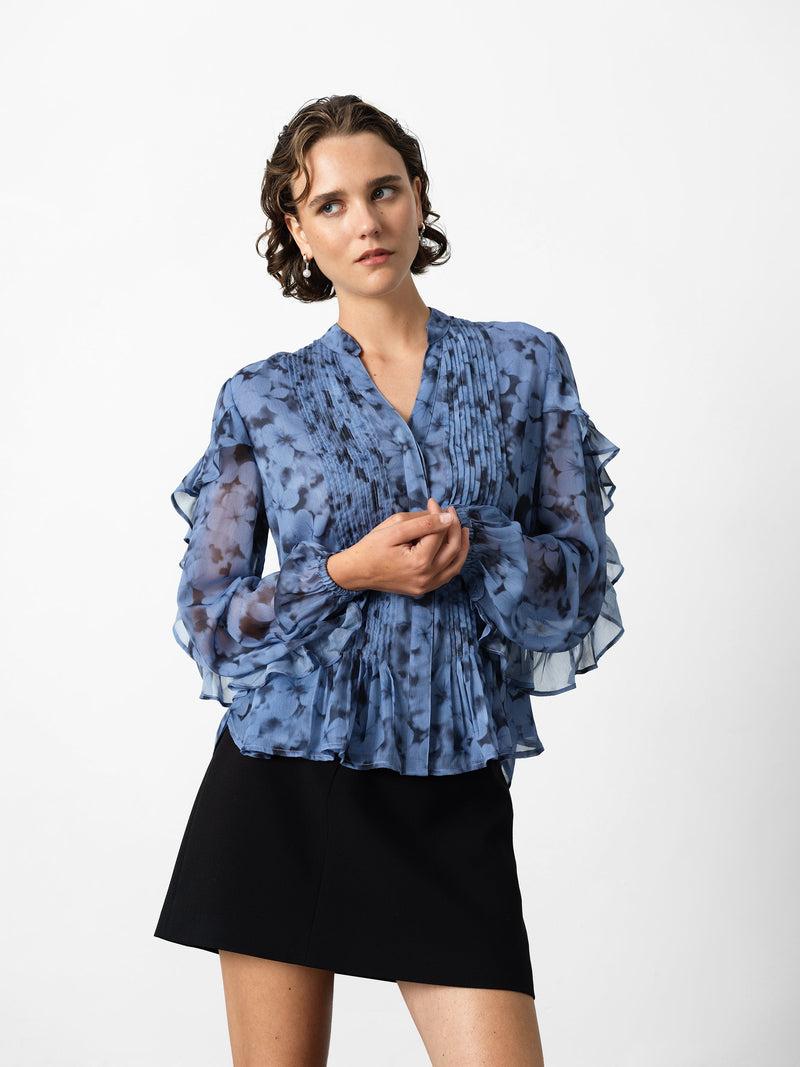 french connection Anita Hallie Crinkle Pintuck Blouse Blue Multi Slate