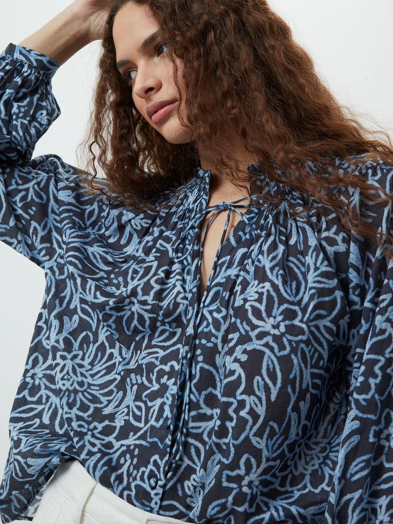 French Connection Anna Austin Cotton Tie Neck Top Navy Multi