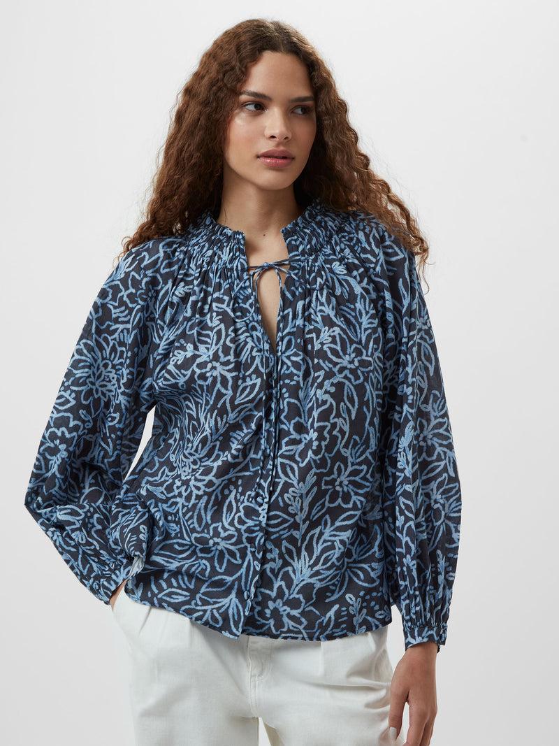 French Connection Anna Austin Cotton Tie Neck Top Navy Multi
