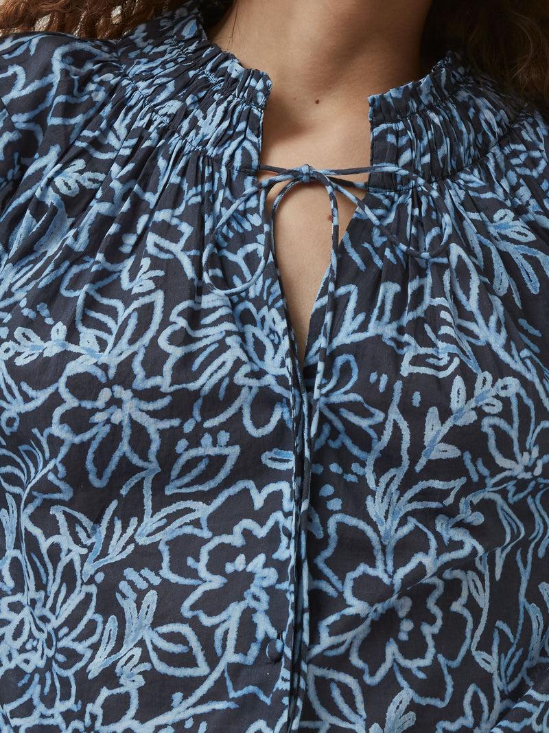 French Connection Anna Austin Cotton Tie Neck Top Navy Multi