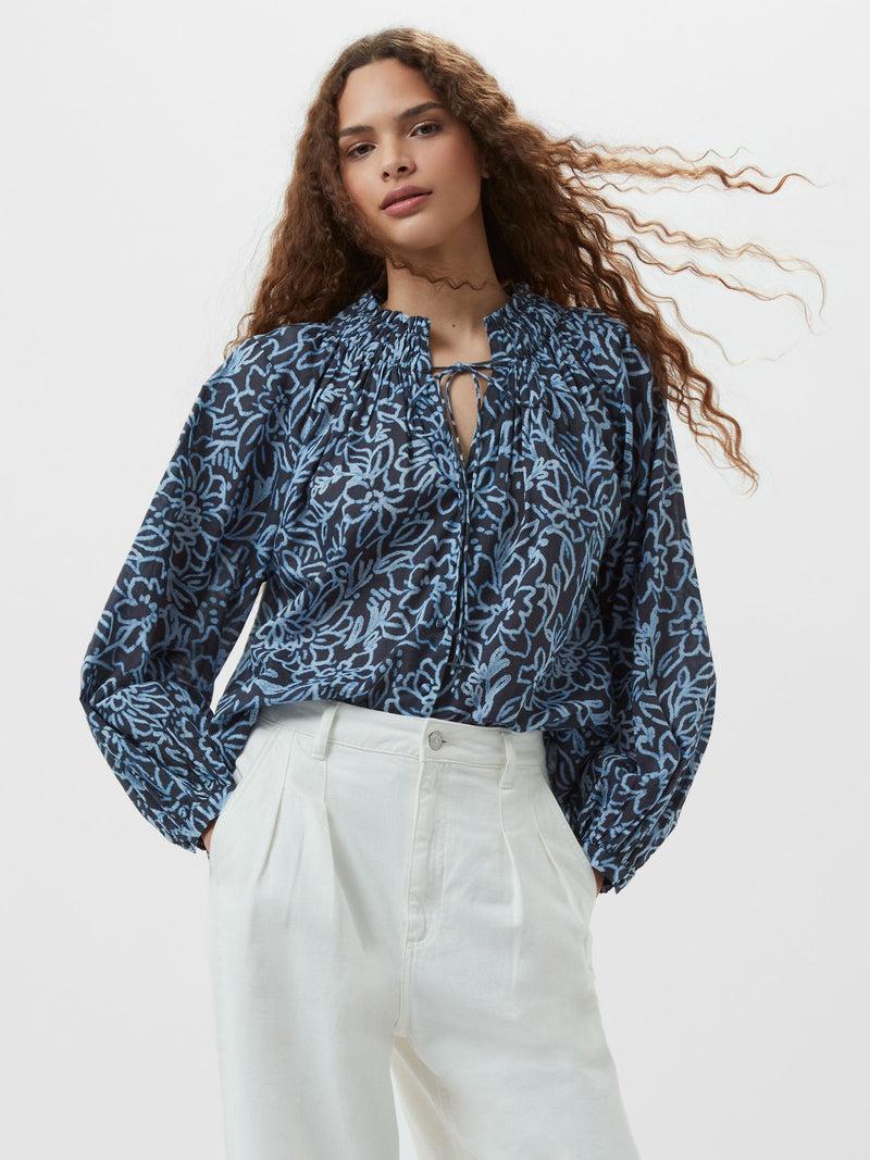 french connection Anna Austin Cotton Tie Neck Top Navy Multi
