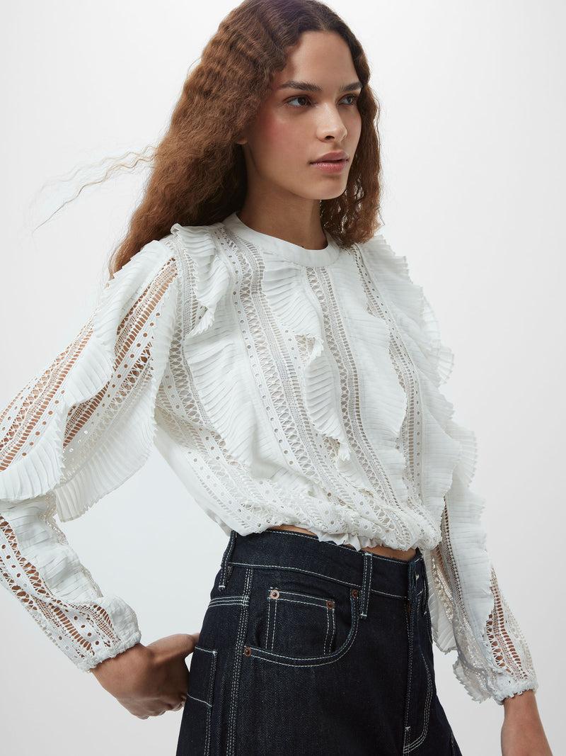 french connection Annika Lace Frill Long Sleeve Top Summer White