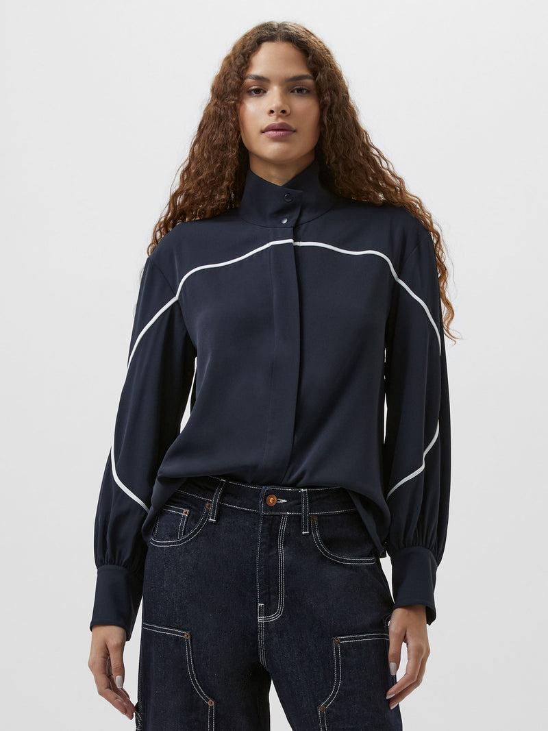 French Connection Arezzo Contrast Piping Long Sleeved Shirt Navy/Summer White