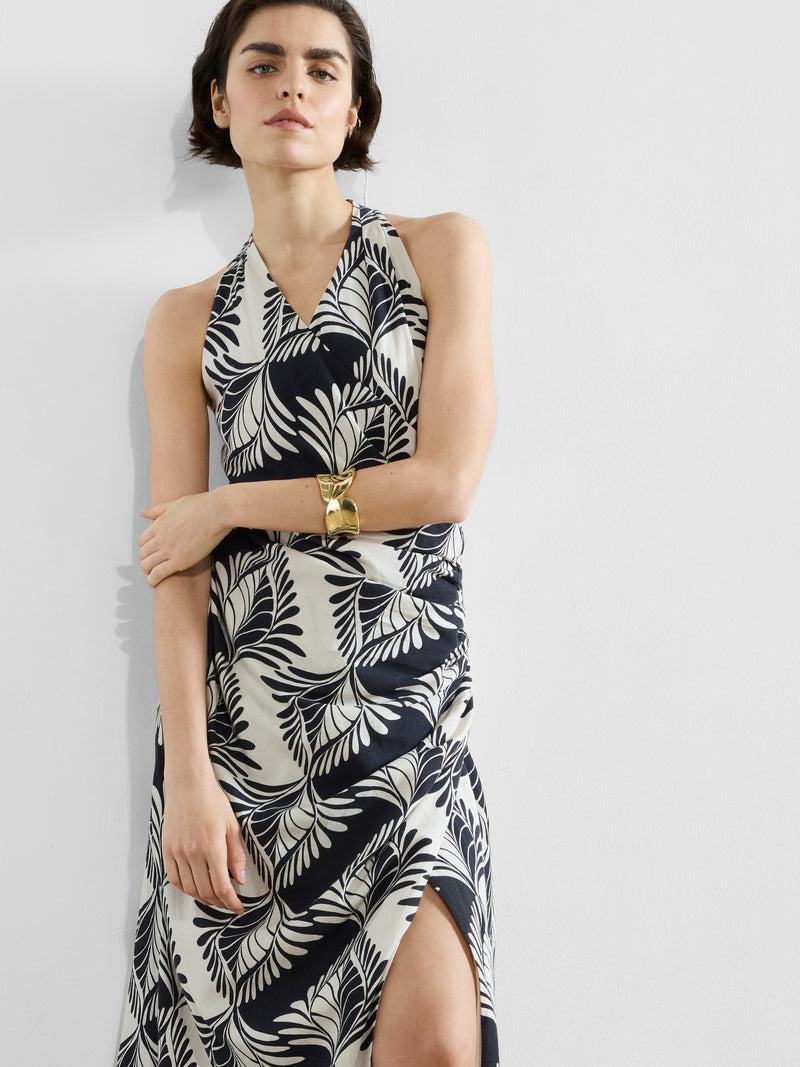 French Connection Ariette Linen Blend Crossover Midi Dress Black/Cream