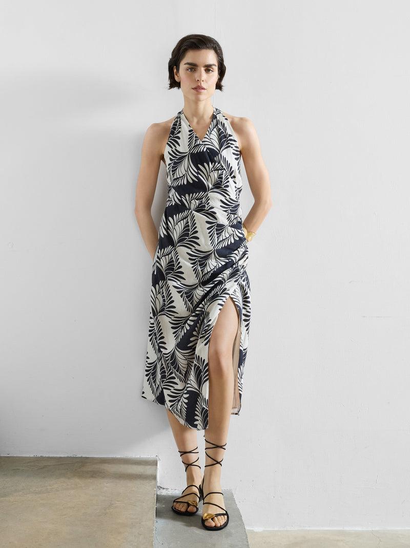 French Connection Ariette Linen Blend Crossover Midi Dress Black/Cream