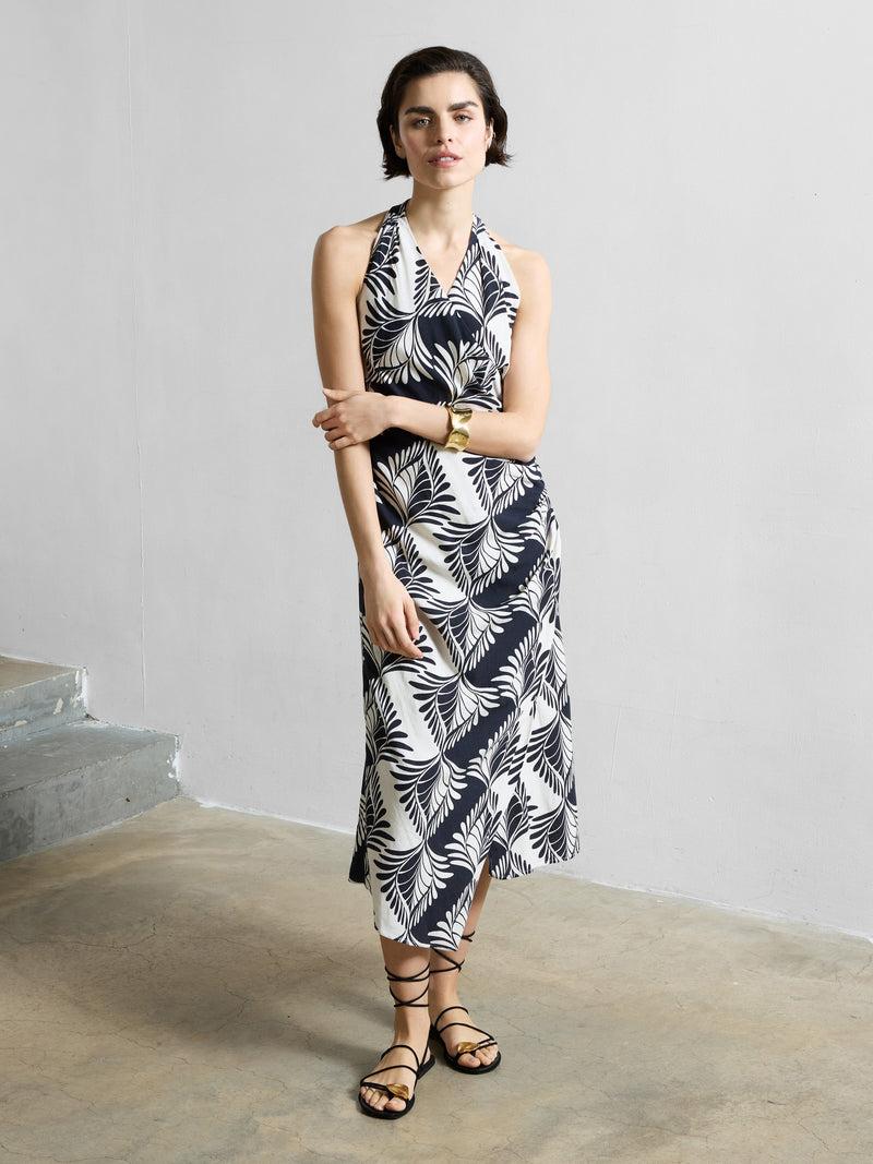 french connection Ariette Linen Blend Crossover Midi Dress Black/Cream