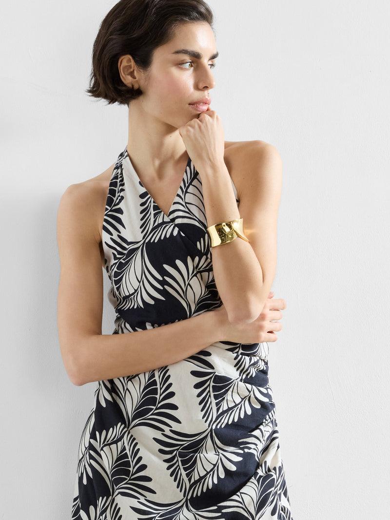 French Connection Ariette Linen Blend Crossover Midi Dress Black/Cream