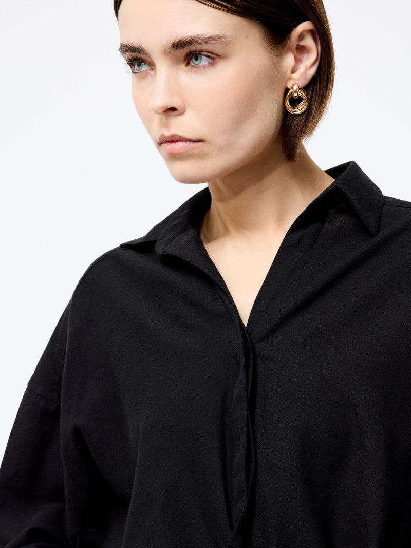 French Connection Ariette Linen Blend Long Sleeve Tuck Shirt Black