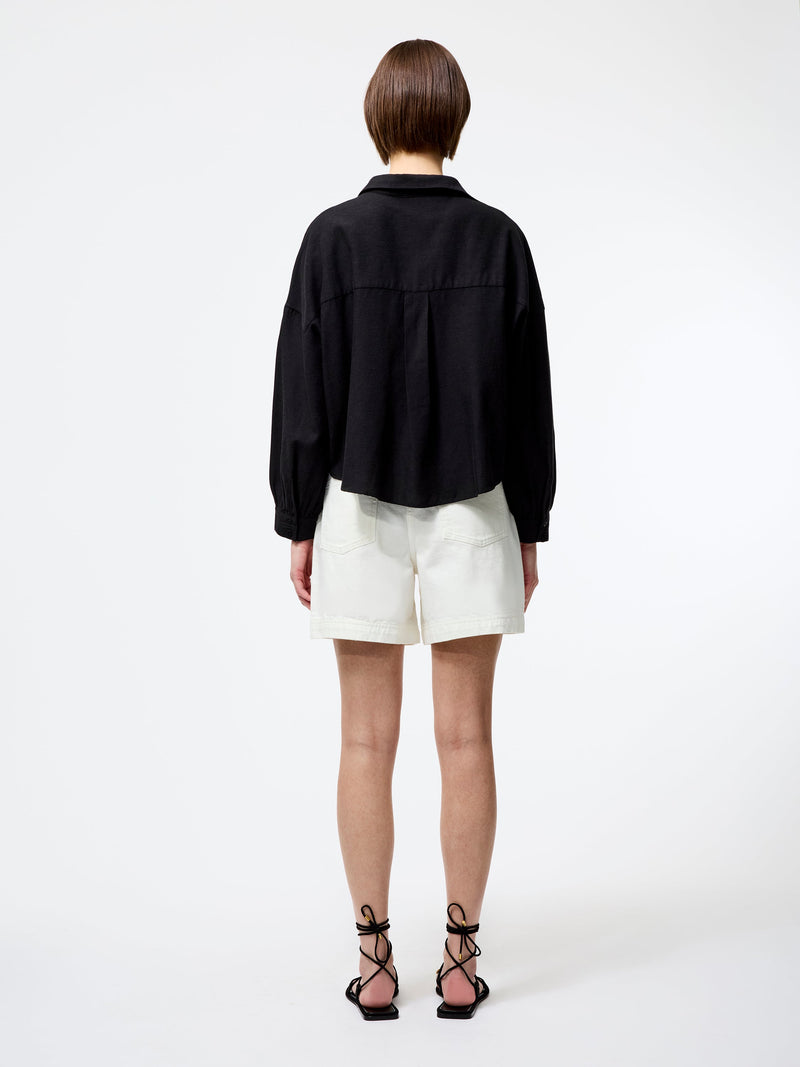 French Connection Ariette Linen Blend Long Sleeve Tuck Shirt Black