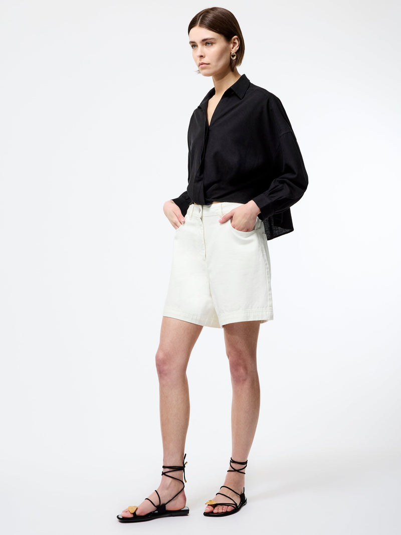 French Connection Ariette Linen Blend Long Sleeve Tuck Shirt Black