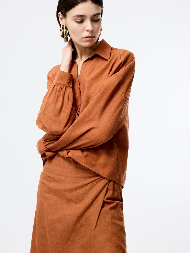 French Connection Ariette Linen Blend Long Sleeve Tuck Shirt Coffee Brown