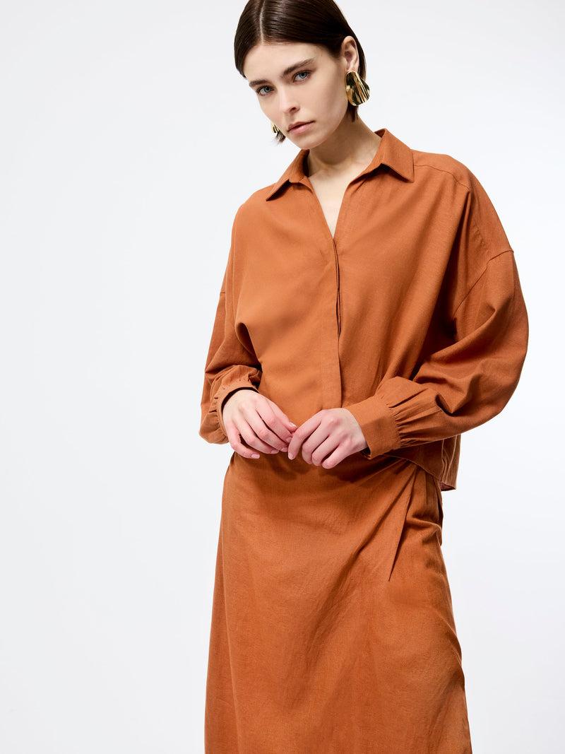 French Connection Ariette Linen Blend Long Sleeve Tuck Shirt Coffee Brown