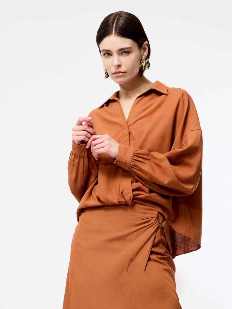 French Connection Ariette Linen Blend Long Sleeve Tuck Shirt Coffee Brown