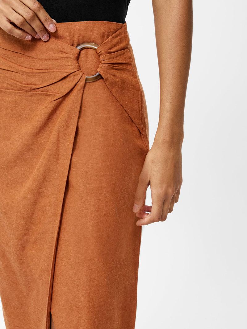 French Connection Ariette Linen Blend Slit Midi Skirt Coffee Brown