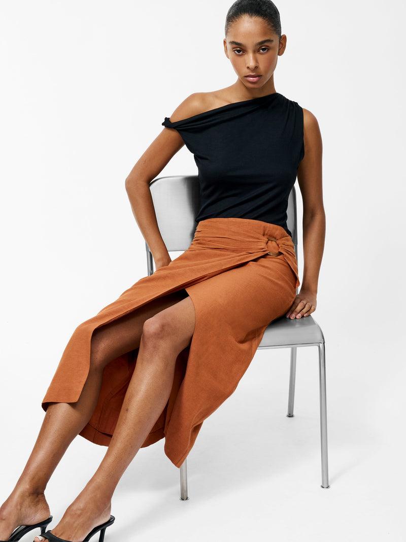 French Connection Ariette Linen Blend Slit Midi Skirt Coffee Brown