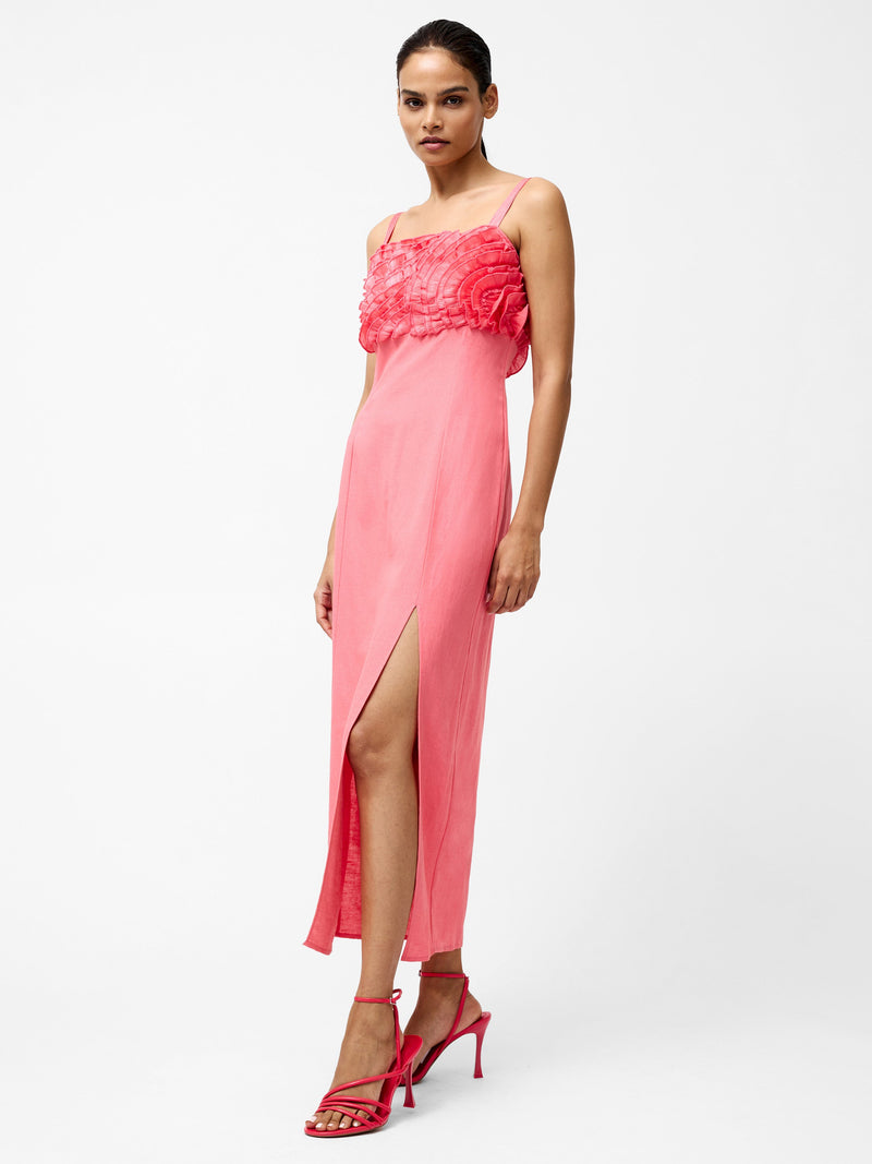 French Connection Ariette Ruffled Bust Midi Dress Raspberry Pink