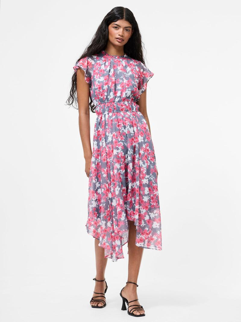 french connection Arla Gathered Flowing Dress Graphite/Raspberry Sorbet