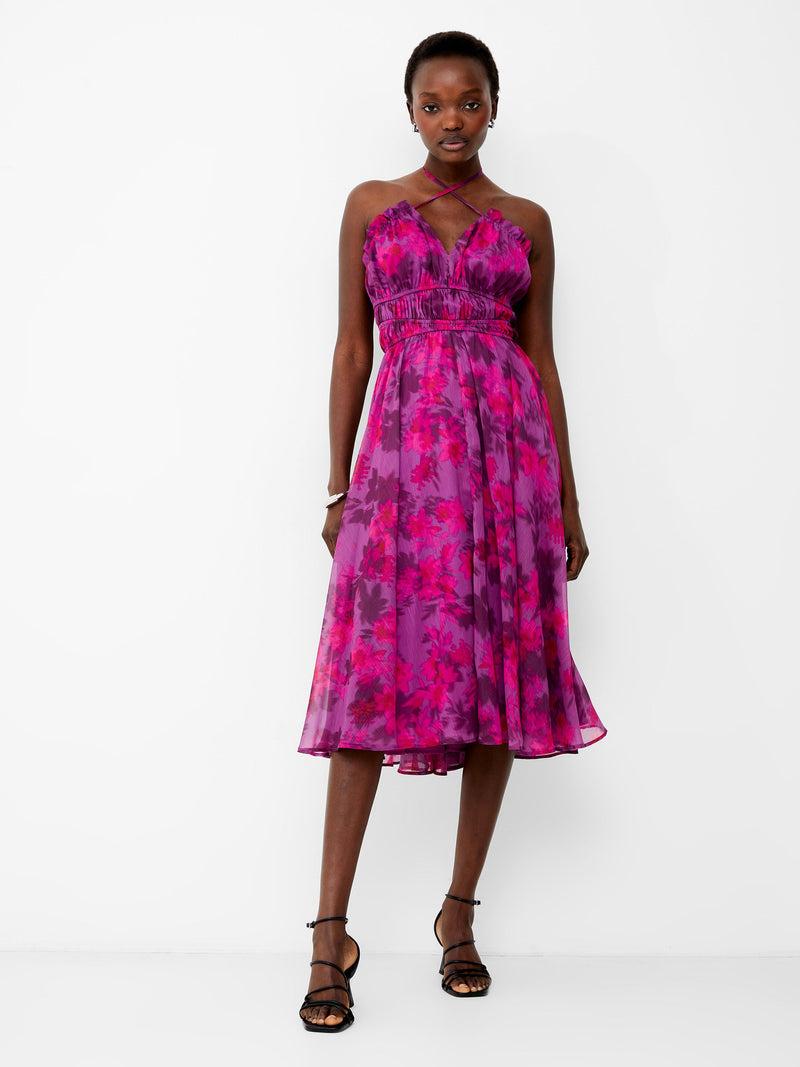 French Connection Arla Hallie Crinkle Halterneck Dress Meadow Mauve