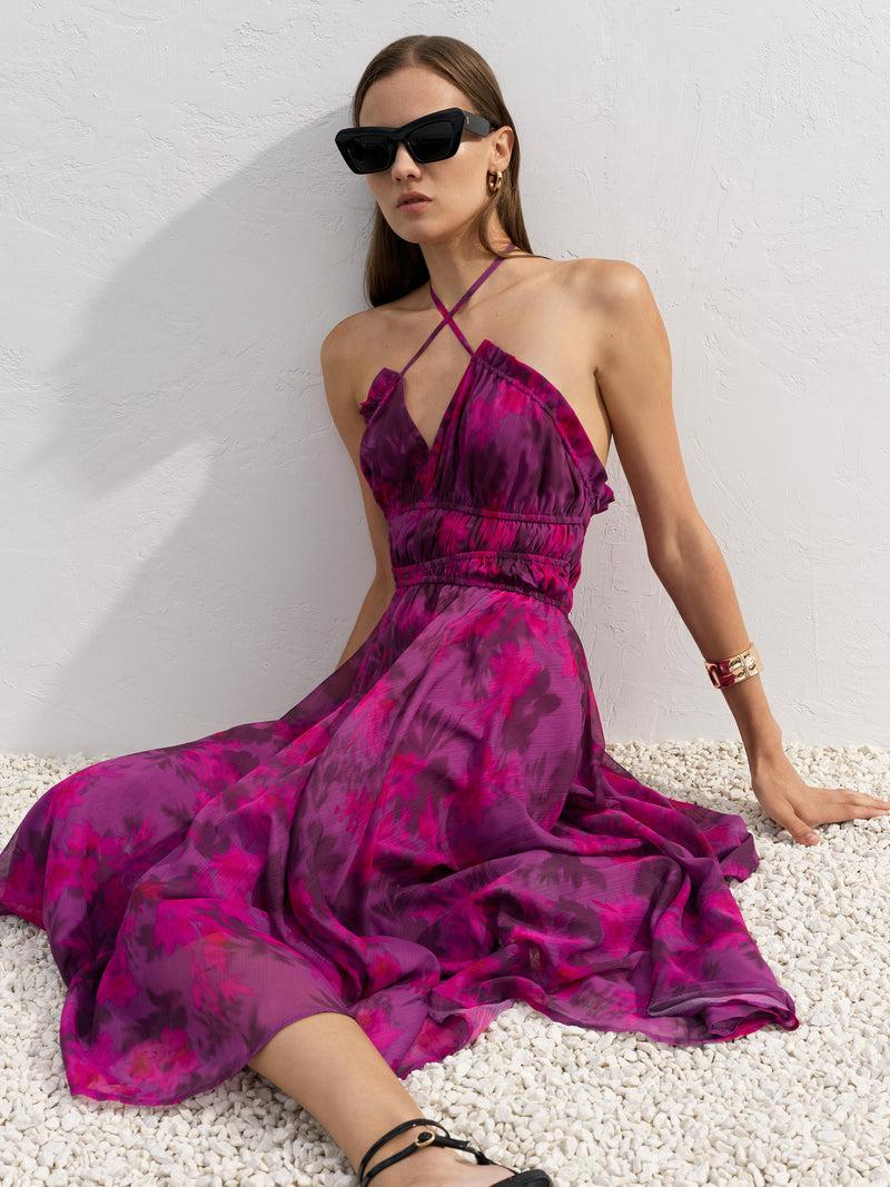 french connection Arla Hallie Crinkle Halterneck Dress Meadow Mauve