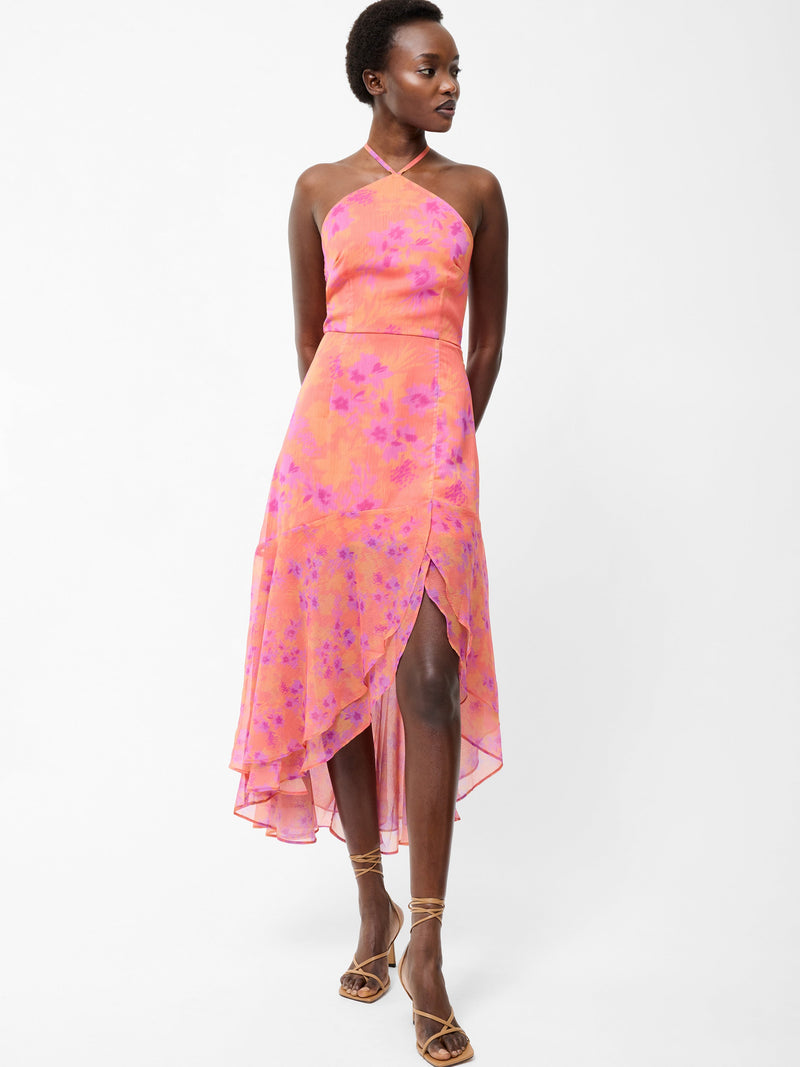 French Connection Arla Ruffle Halterneck Dress Coral Multi
