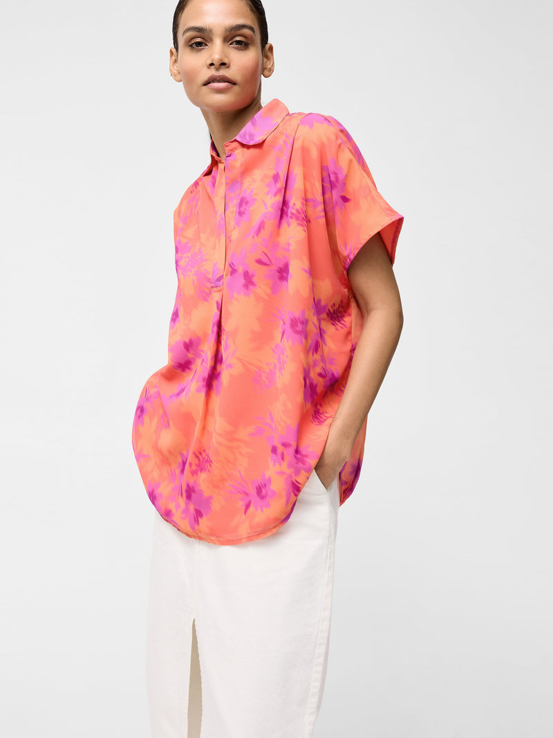 French Connection Arla Short Sleeve Popover Shirt Coral Multi