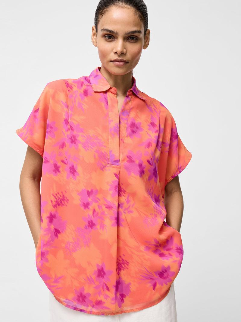 French Connection Arla Short Sleeve Popover Shirt Coral Multi