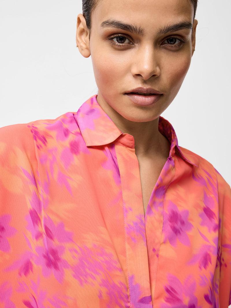 French Connection Arla Short Sleeve Popover Shirt Coral Multi
