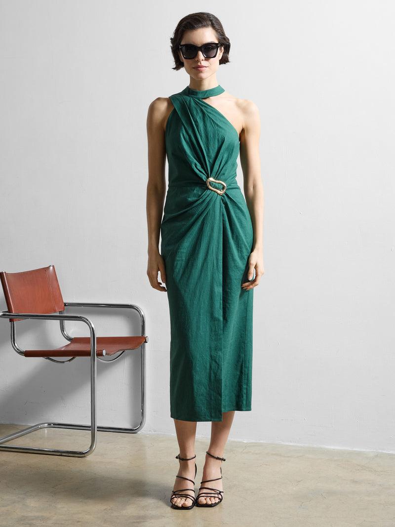 french connection Aspen Linen Blend Halterneck Midi Dress Jade Green