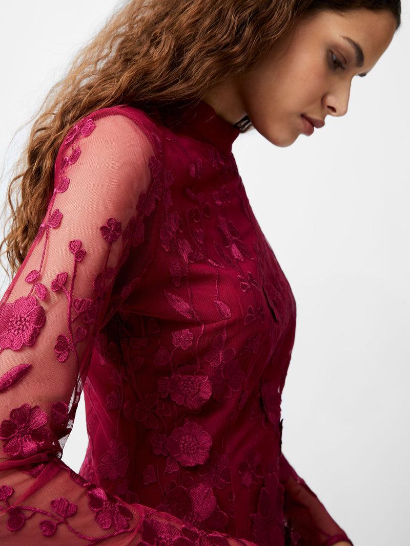 French Connection Astrida 3D Floral Mini Dress Baked Cherry