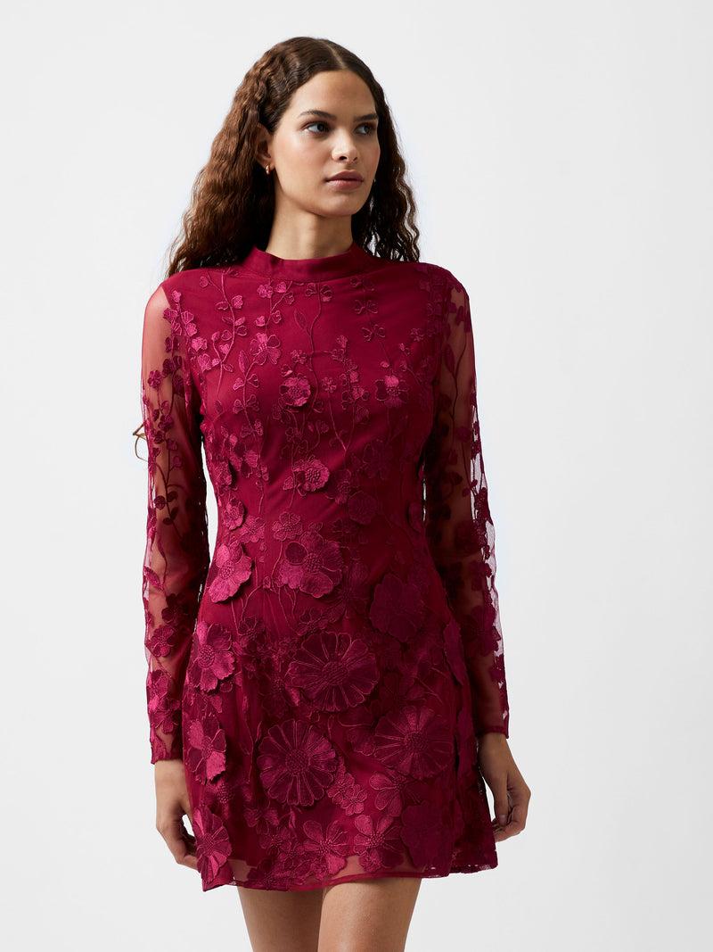 French Connection Astrida 3D Floral Mini Dress Baked Cherry