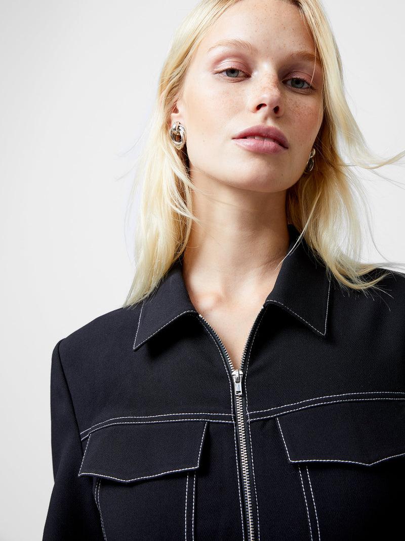 French Connection Azra Twill Contrast Stitching Mini Dress Black